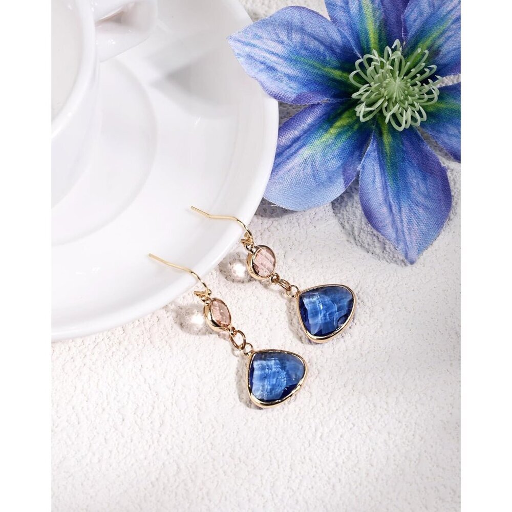 Sapphire Blue Dangle Earrings Blue Topaz Gold Handmade Aquamarine Drop Earrings - Picture 5 of 7